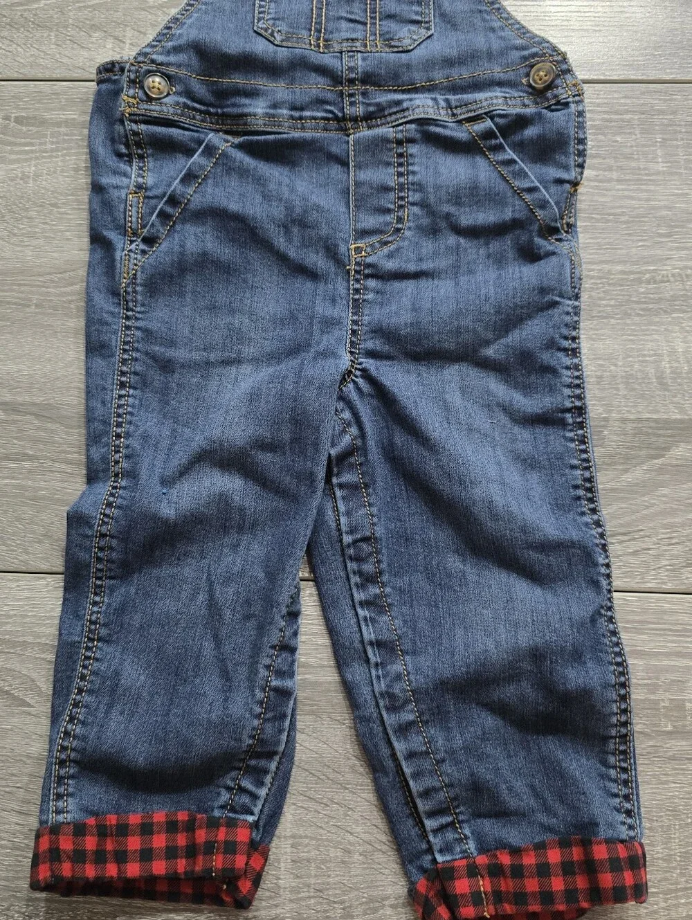 Carters Toddler Blue Denim Overalls W Red Buffalo Plaid Detail - Size 24m